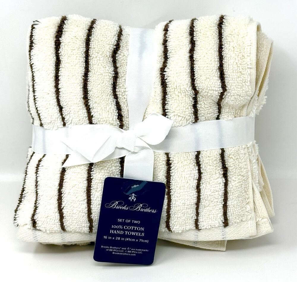 Brooks Brothers Brown Cream Striped Cotton Hand Towels Set 2 Measures 16x28"